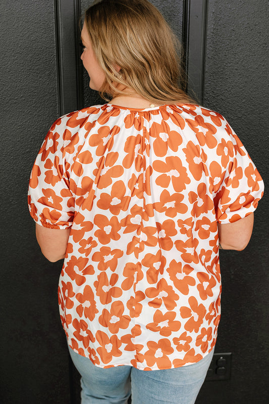 Orange Floral Print Drawstring Blouse