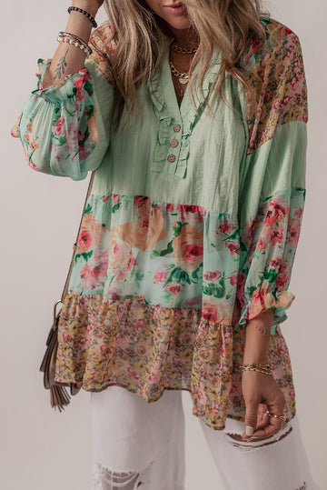 Floral Patchwork Frilly Tunic Top