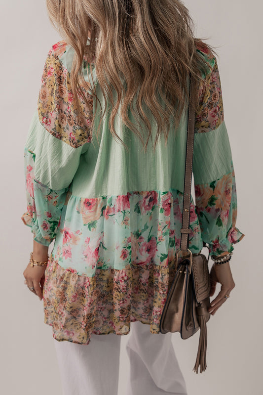 Floral Patchwork Frilly Tunic Top