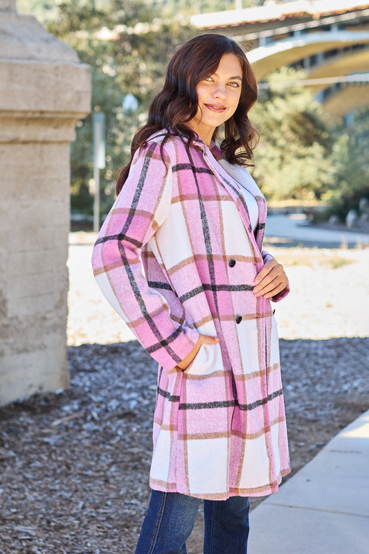 Double Take Women's Plaid Button Up Lapel Collar Coat