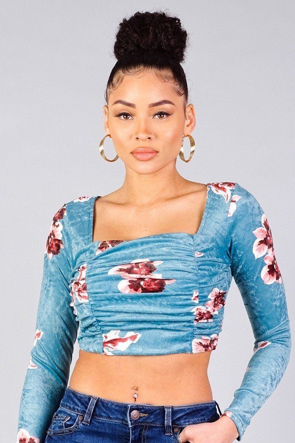 Ruched Velvet Floral Crop Top