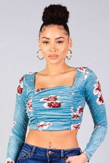 Ruched Velvet Floral Crop Top