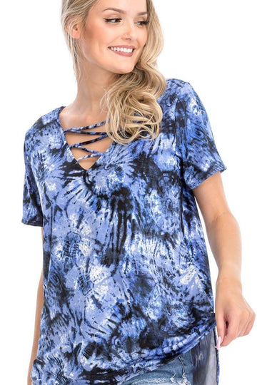 Blue Tie Dye Print Short Sleeve Top