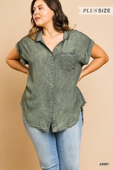 Curvy Collection Washed Button Down w/Frayed Hemline