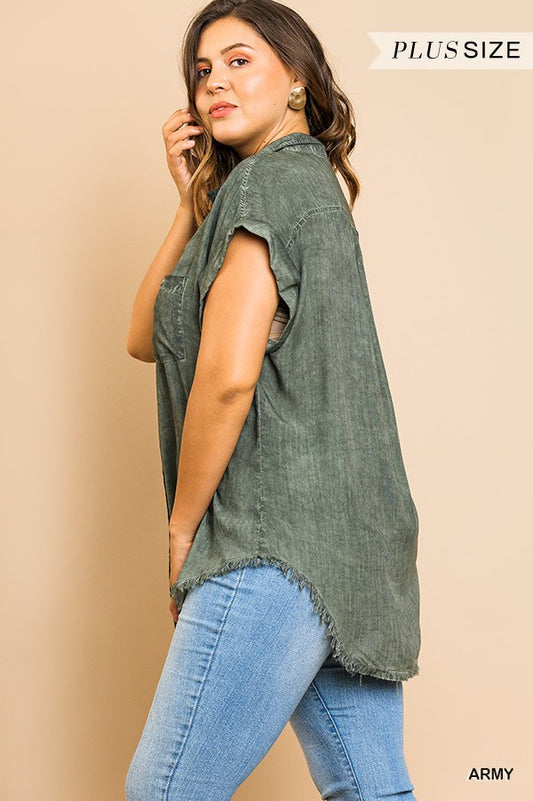 Curvy Collection Washed Button Down w/Frayed Hemline