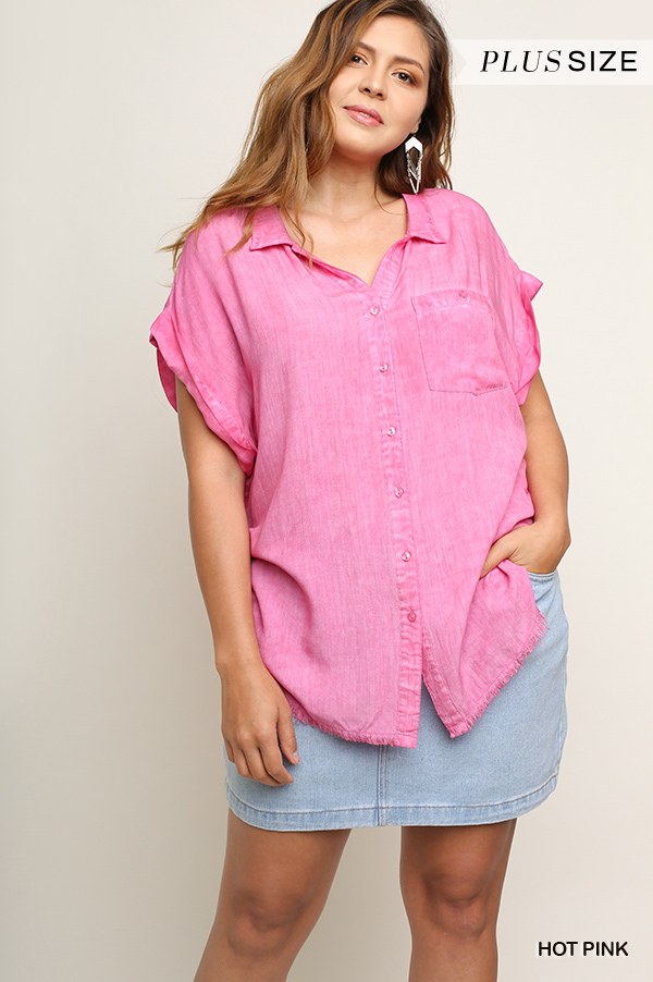 Curvy Collection Washed Button Down w/Frayed Hemline