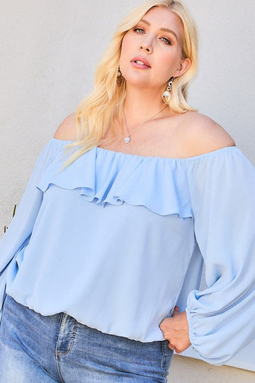 Curvy Collection Off Shoulder Ruffle Bubble Sleeve Top