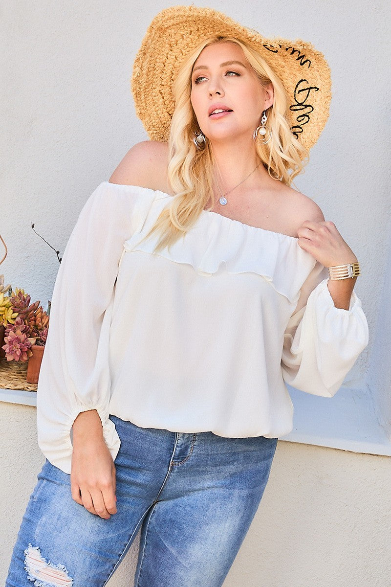 Curvy Collection Off Shoulder Ruffle Bubble Sleeve Top