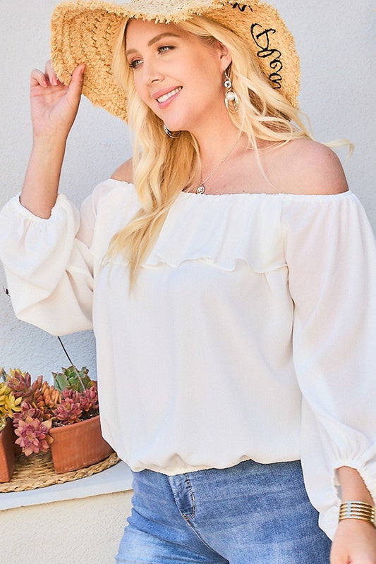 Curvy Collection Off Shoulder Ruffle Bubble Sleeve Top