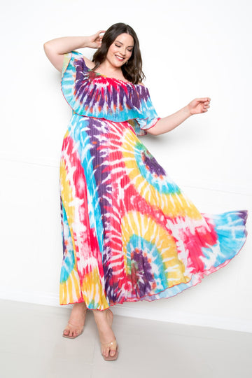 Curvy Collection Tie Dye Off Shoulder Pleated Maxi Dress