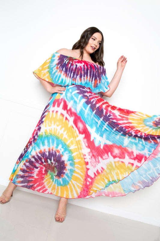 Curvy Collection Tie Dye Off Shoulder Pleated Maxi Dress