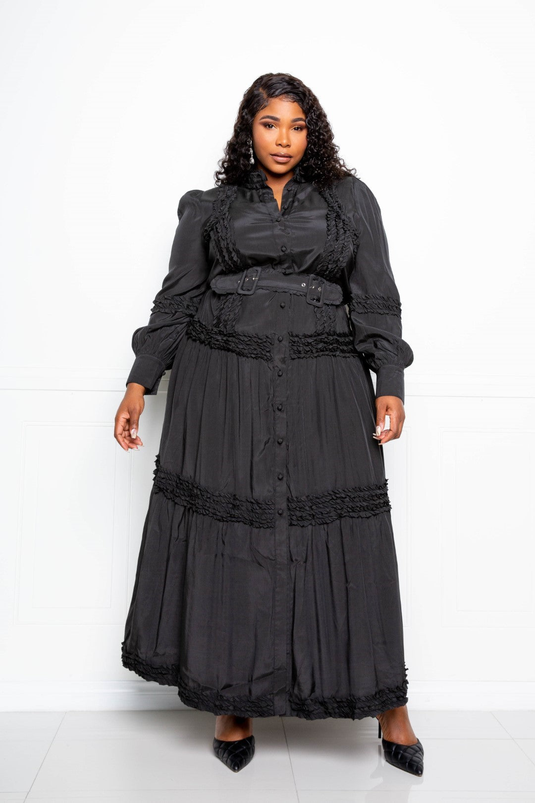 Curvy Collection Belted Shirt Dress With Ruffle Detail