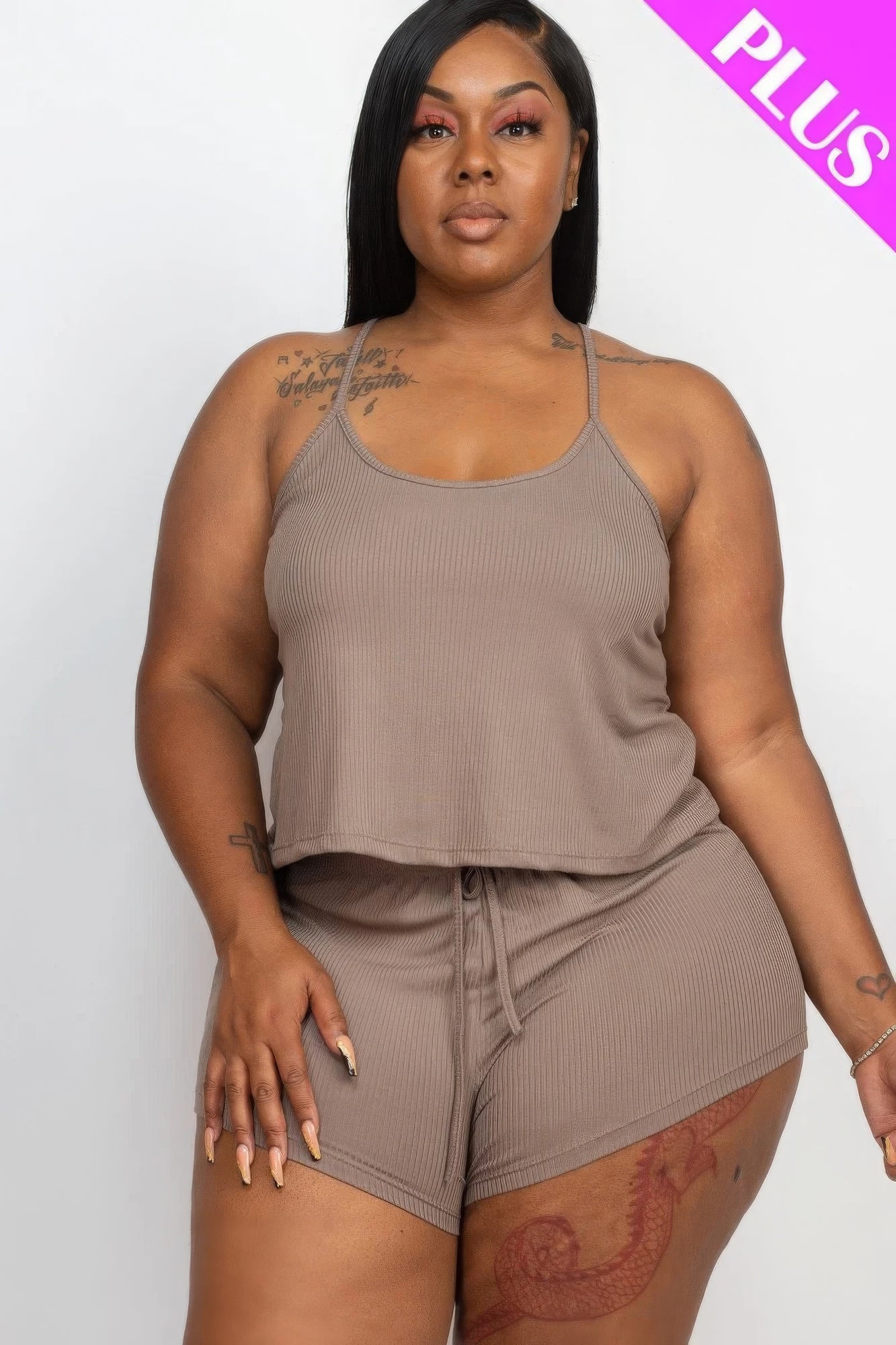 Curvy Collection Ribbed Strappy Top And Shorts Set