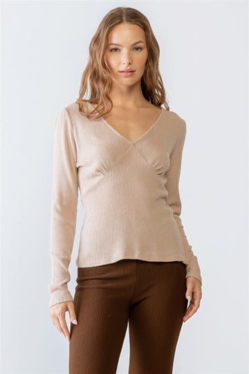 Ribbed V-neck Long Sleeve Tee