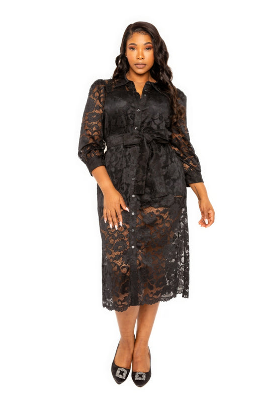 Curvy Collection Belted Lace Shirt Dress