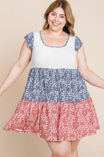 Curvy Collection Floral Color Block Babydoll Dress