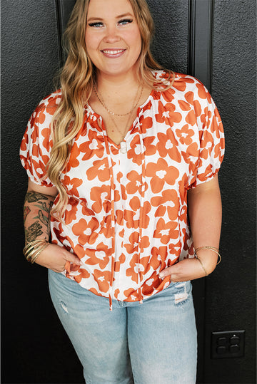 Orange Floral Print Drawstring Blouse