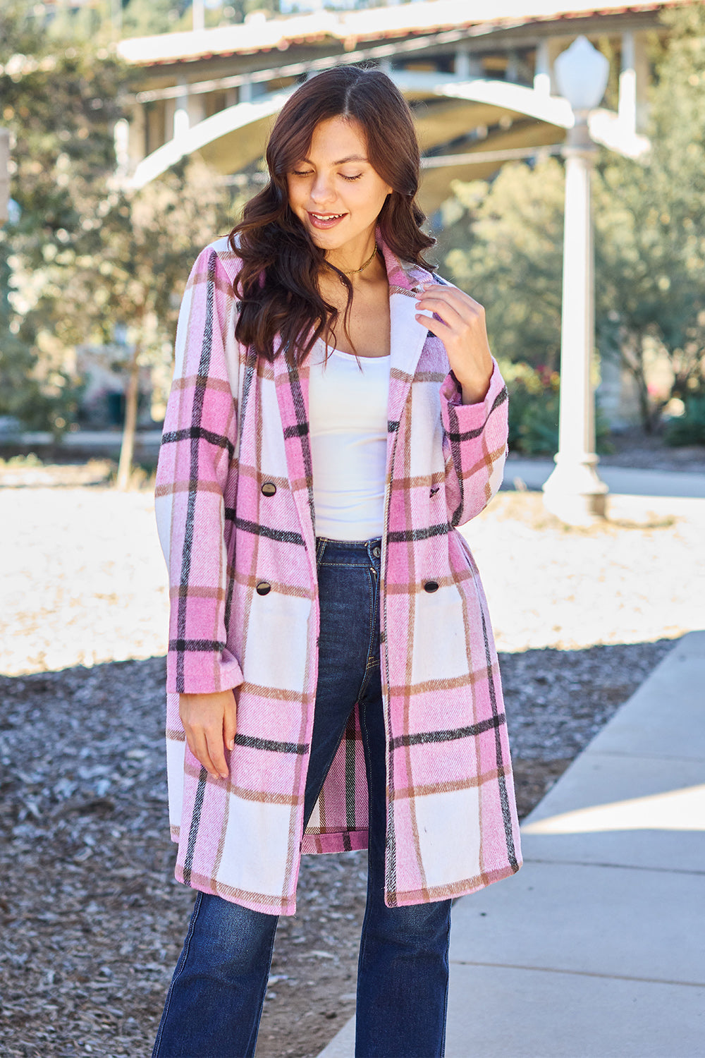 Double Take Women's Plaid Button Up Lapel Collar Coat