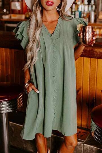 Ruffle Sleeve V-Neck Dress