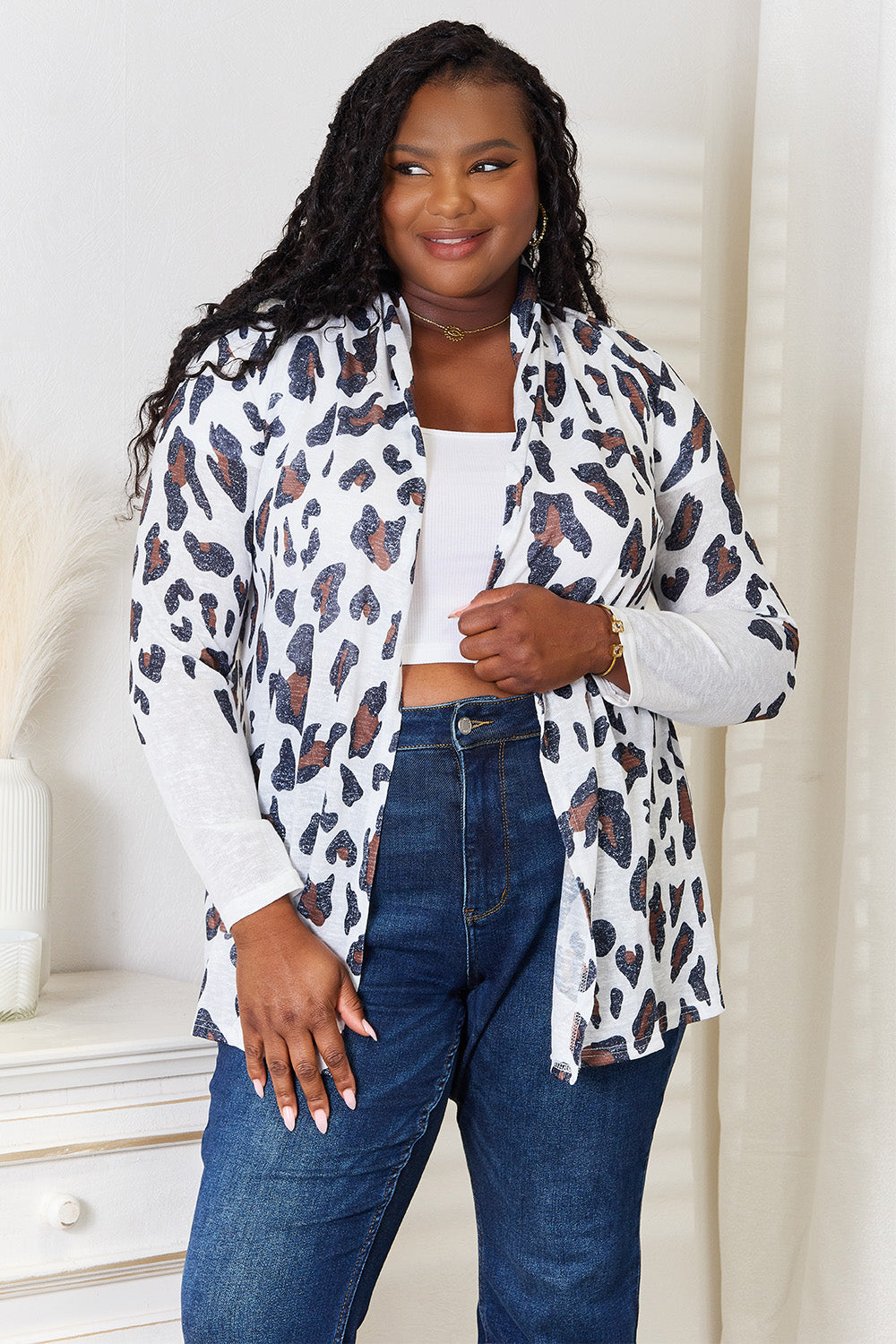 Double Take Women's Leopard Long Sleeve Cardigan